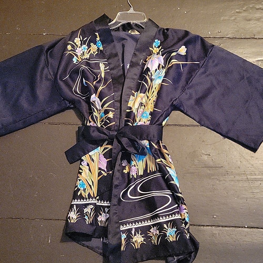 Vintage Black Floral Kimono or Robe with Flowers - Made in Japan